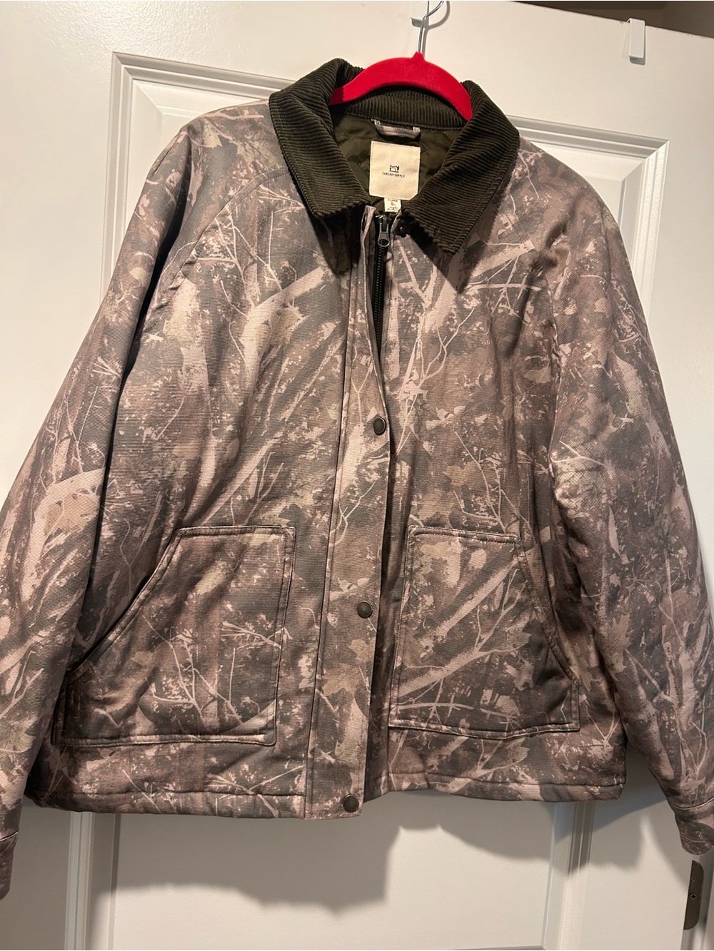 Womens Camouflage-Pattern Brown Barn Jacket with Corduroy Collar XL